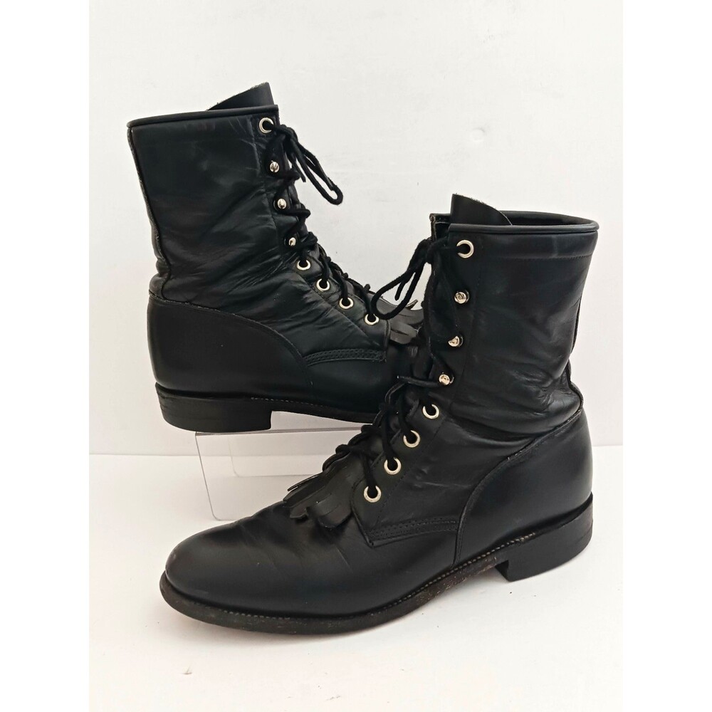 Justin Western Roper Kiltie Blk Leather Lace Up Boots Ladies 8A Narrow L0506